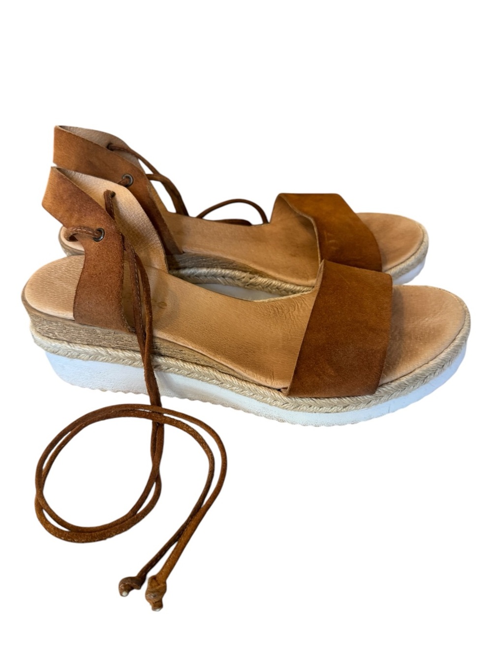 Sundance Tan Suede Lace Up Espadrille Flatform Sandals, EU 37 (6.5-7)